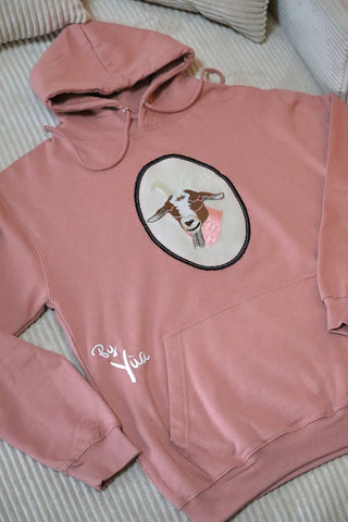 Sweat à capuche / Hoodie Couleur Rose Broderie Biquette Hippie Style