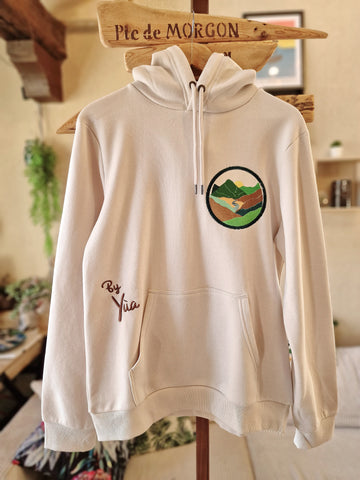 Sweat Hoodie Blanc cassé Brodé Sticker Mountains Patch